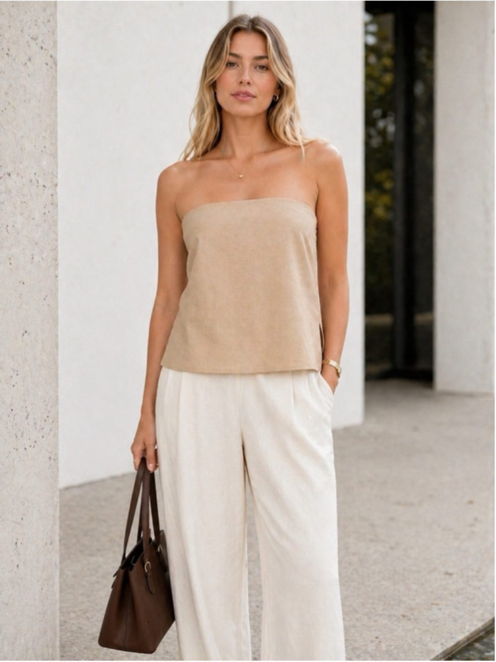 Oak + Fort Linen Blend Tube Top Womens XL NWT Strapless Coastal Minimalist Beige